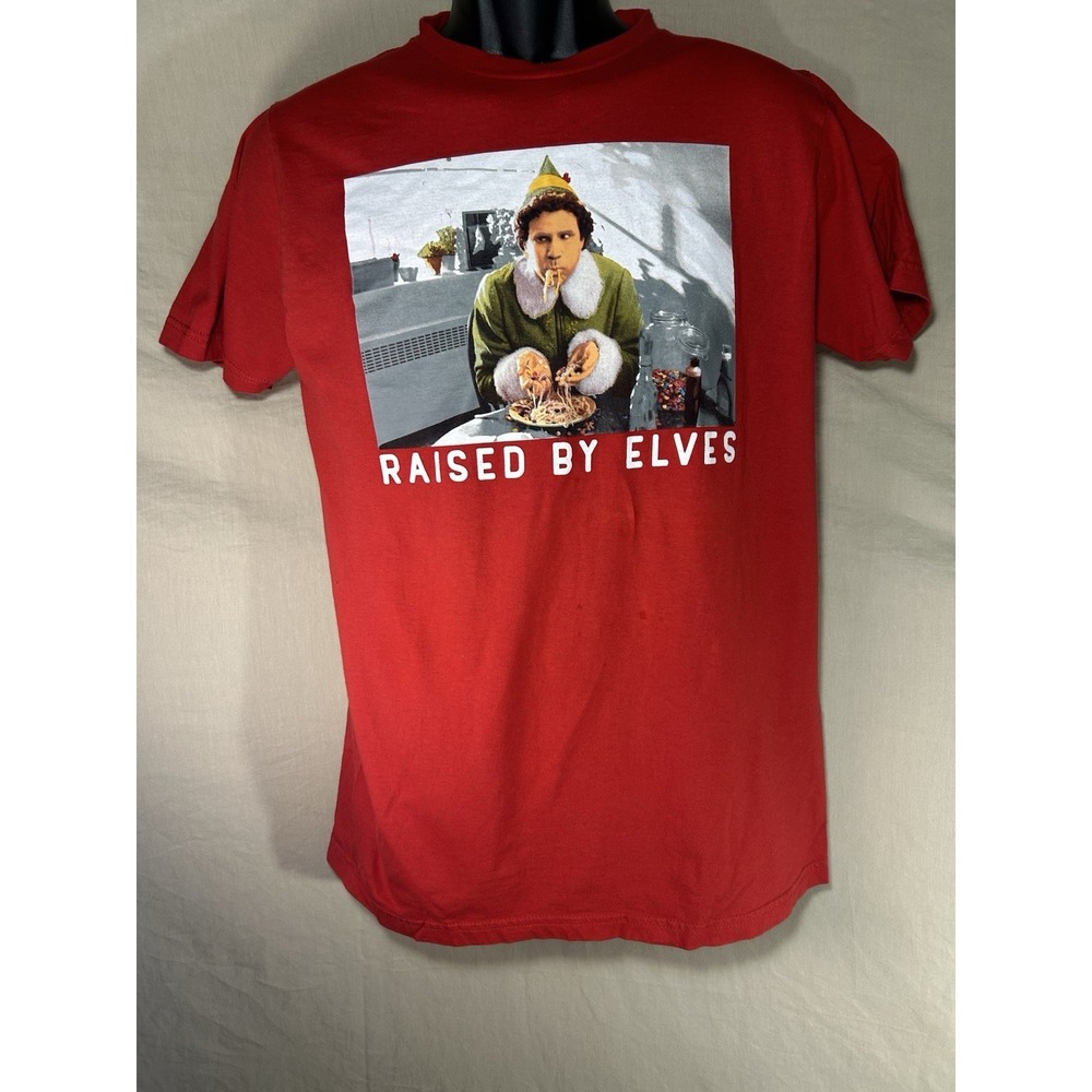 Elf Raised By Elves T‎ Shirt Mens M Red Buddy Christmas Movie Graphic Tee